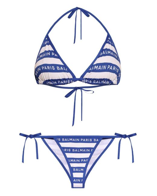 Balmain Blue Gestreifter Bikini mit Logo-Print