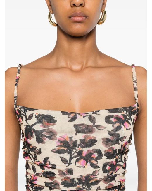 Nanushka White Gerafftes Kleid Mit Blumen-Print