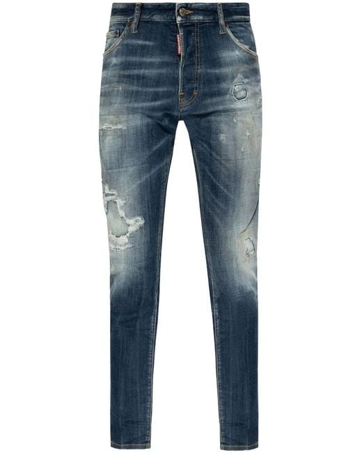 DSquared² Blue Stretch-Cotton Slim-Fit Distressed Jeans for men