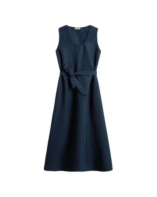 Woolrich Blue Belted Round-Neck Midi Dress