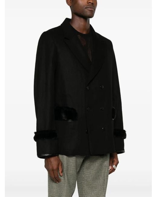 Random Identities Black Double-Breasted Wool-Blend Faux-Fur Jacket for men