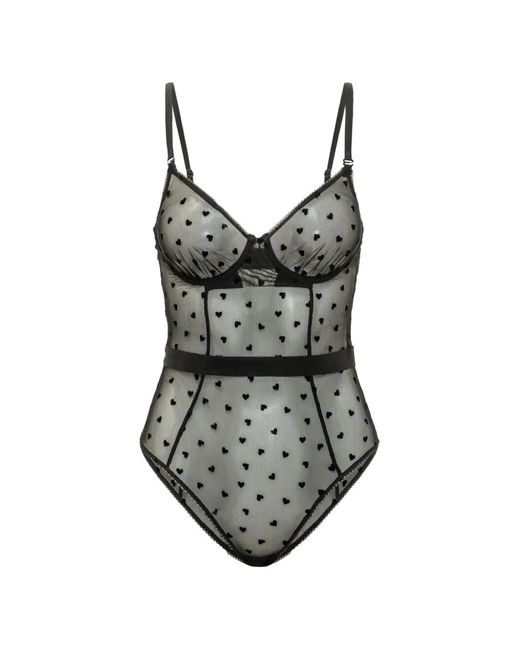 Fiorucci Black Flocked-Hearts Mesh Bodysuit