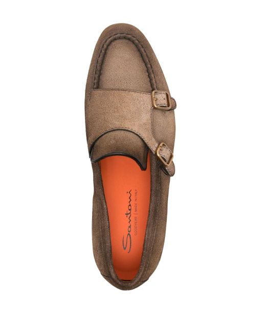 Santoni Brown Double-buckle Suede Loafers for men