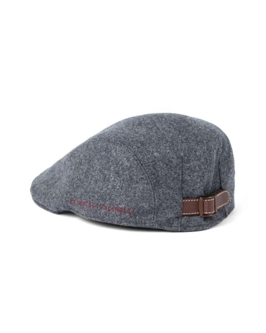 Brunello Cucinelli Gray Virgin Wool Embroidered Flat Cap for men
