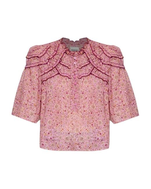 Isabel Marant Pink Gerüschtes Carmen Oberteil mit Paisley-Print