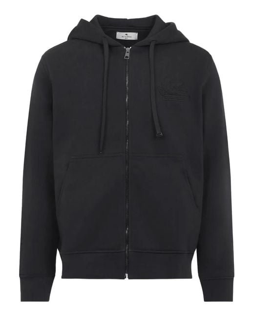 Etro Black Embroidered Zip-Front Hoodie for men