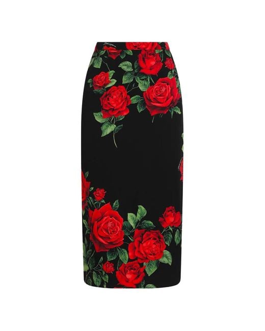 Dolce & Gabbana Red Rose-Print Pencil Midi Skirt