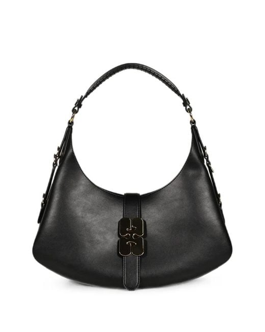 Ganni Black Kat Logo-Plaque Curved Shoulder Bag