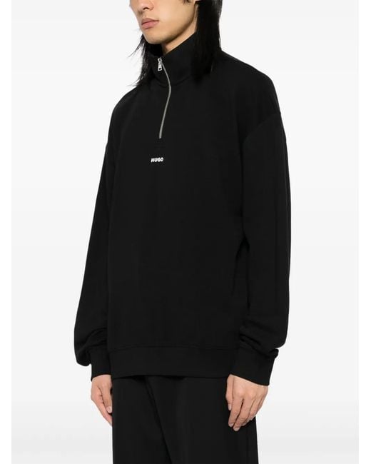 HUGO Black Zip-Neck Logo Print Sweatshirt for men