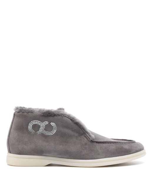 Casadei Gray Rhinestone-logo Suede Ankle Boots