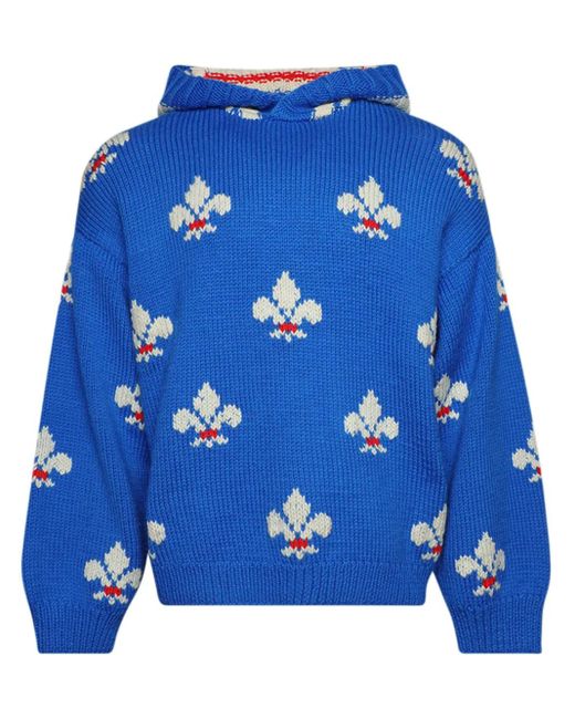 Bode Blue Fleur-De-Lis Knitted Hoodie for men