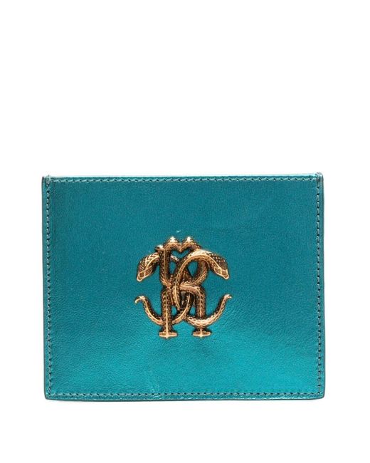 Roberto Cavalli Blue Monogram-plaque Leather Cardholder