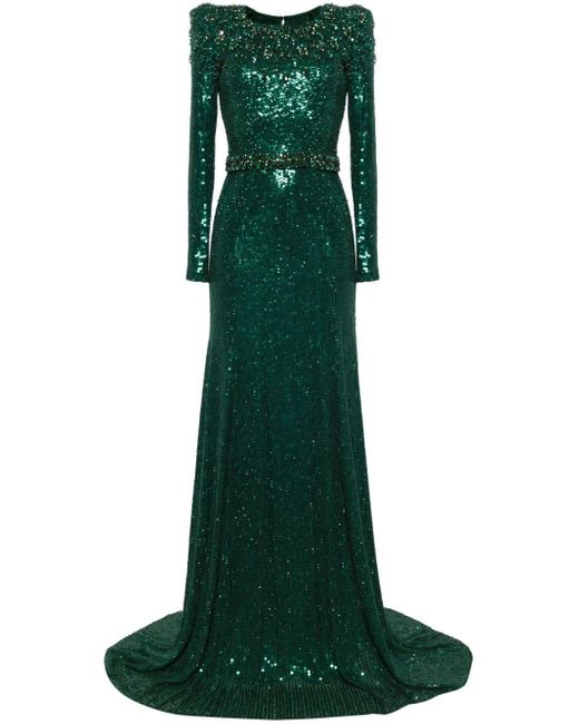 Jenny Packham Green Georgia Sequined Long-sleeve Gown