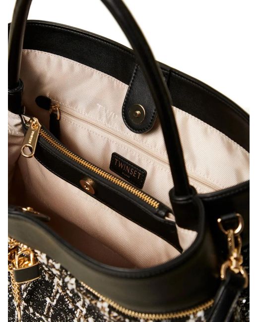 Twinset Black Checked Tweed Tote Bag