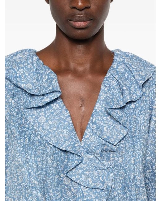 Doen Blue Henri Ruffled Floral-Print Cotton Blouse