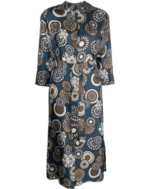 Max Mara Gray Graphic-print Belted Silk Midi Dress