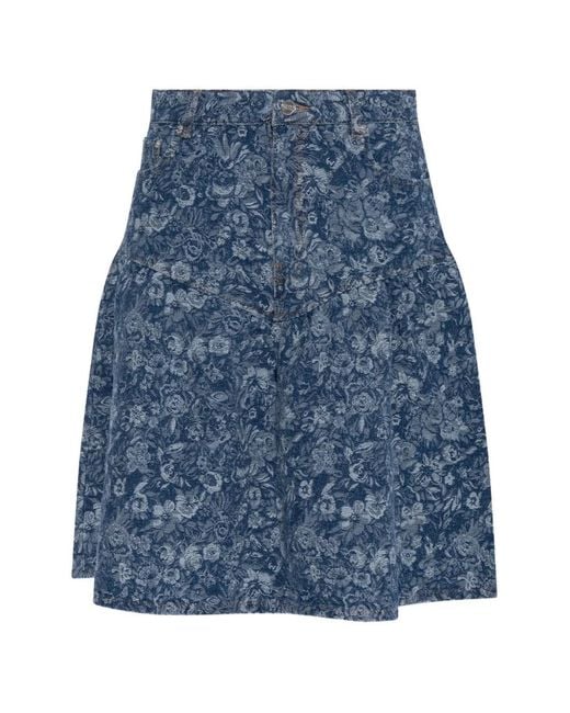 Ganni Blue Floral-Print Flared Skirt