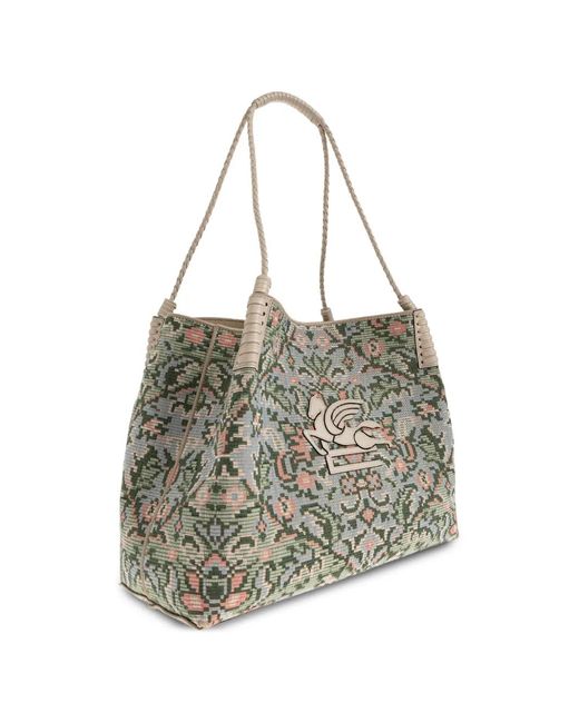 Etro White Pegasus Floral Tote Bag