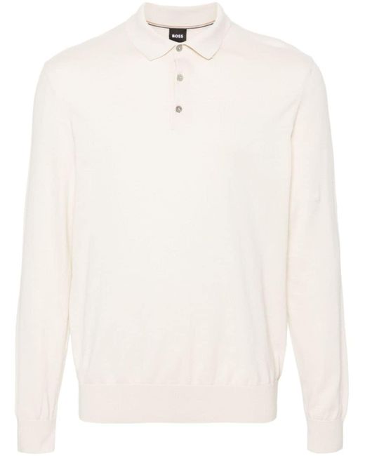 Boss White Long-sleeve Organic Cotton Polo Shirt for men