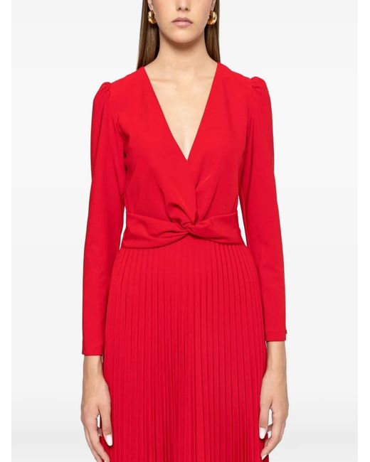 Nissa Red Pleated V-Neck Midi Dress