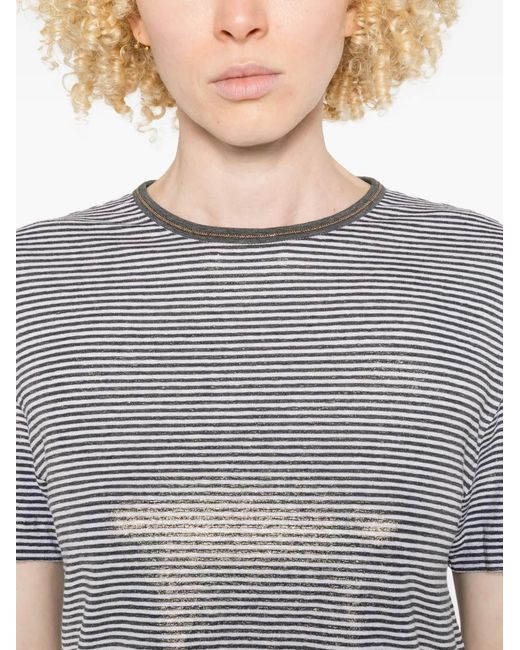 Brunello Cucinelli Gray Striped Linen T-Shirt
