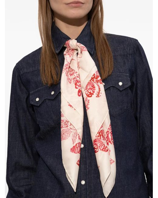 DSquared² Pink Floral-Print Silk Scarf