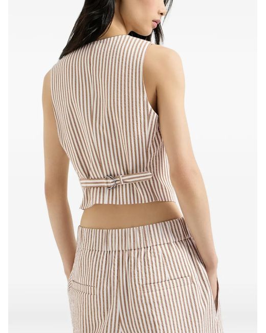 Brunello Cucinelli White Techno-Cotton Striped Seersucker Vest With Monili
