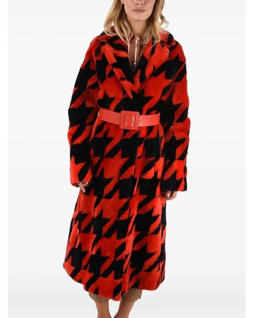 DROMe Red Manteau Ceinturé À Motif Pied-De-Poule En Peau Lainée
