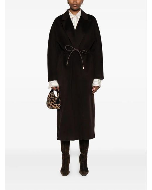 Soft Goat Black Drawstring Waist Lapel Coat