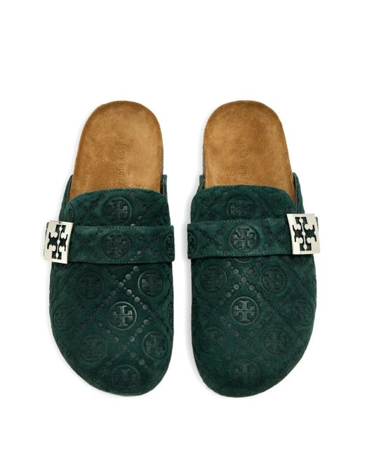 Tory Burch Green Logo-Buckle Flat Mules