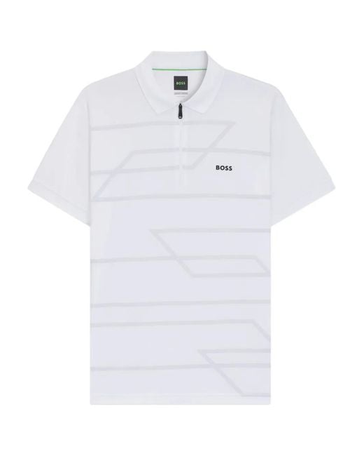 Boss White Geometric-Pattern Zipped Polo Shirt for men