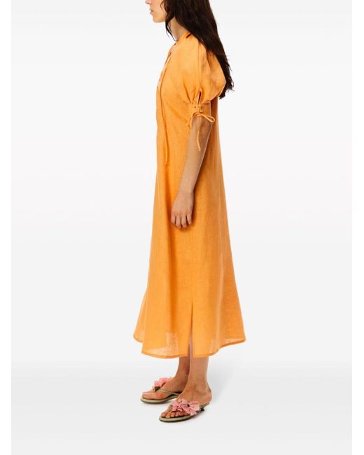 Sleeper Orange Garden Linen Puff-sleeve Dress