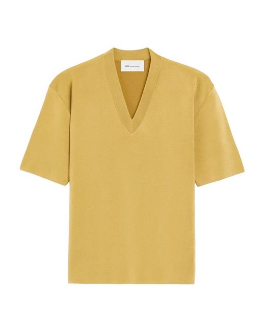 AMI Yellow Wool Short Sleeves V Neck Sweater
