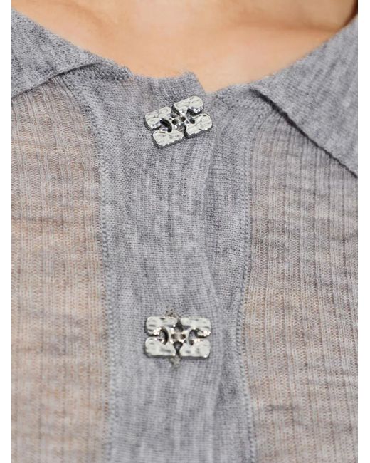 Ganni Gray Ribbed-Knit Polo Top