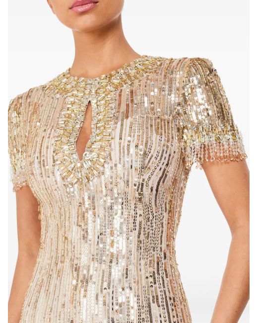 Jenny Packham Natural Nova Sequin-Embellished Keyhole-Neck Maxi Dress