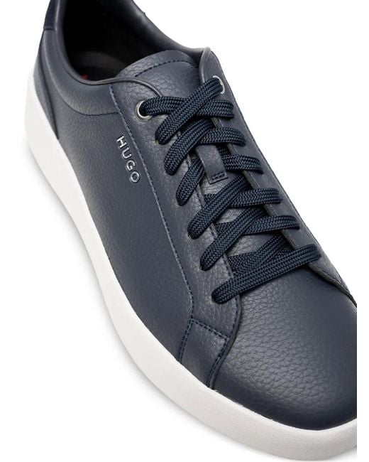 HUGO Blue Logo-Plaque Grained-Leather Sneakers for men