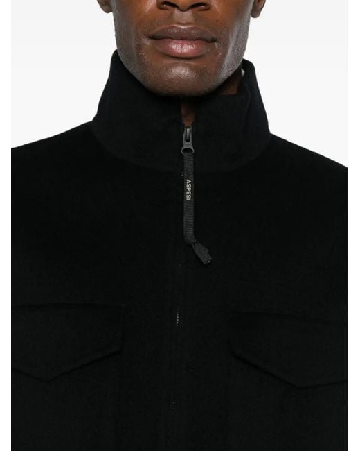 Aspesi Black Pocketed Zipped Single-Breasted Coat for men