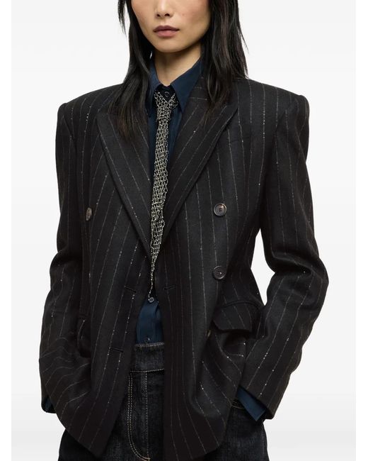 Brunello Cucinelli Black Comfort Virgin Wool Dazzling Chalk Stripe Blazer With Monili