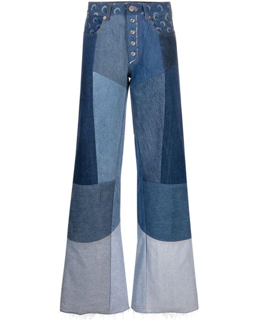 MARINE SERRE Blue Regenerated Patchwork Flared Jeans