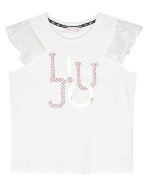 Liu Jo White Gerüschtes T-Shirt mit Logo-Print