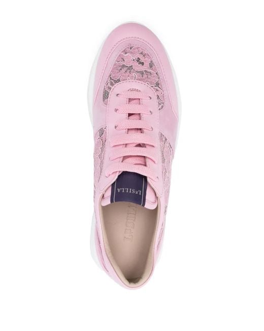 Le Silla Pink Floral-Lace Leather Sneakers