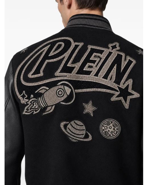 Philipp Plein Black College Bomber Plein Space Strass for men