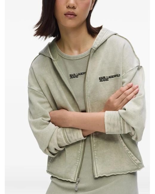 Karl Lagerfeld Green Logo-Detail Washed Zip-Up Hoodie