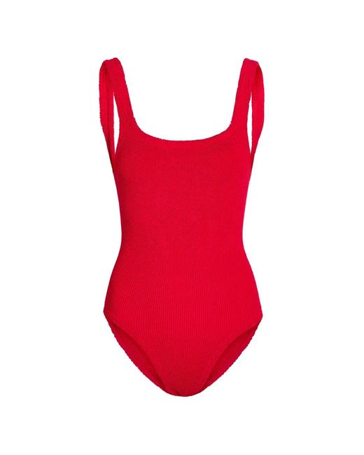 Hunza G Red Coverage Square Neck Crinkle-Effect Swimsuit