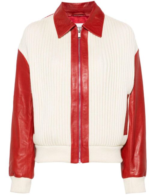Claudie Pierlot Red Leather-panels Ribbed-knit Bomber Jacket