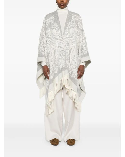 Etro White Paisley-Pattern Fringed Poncho