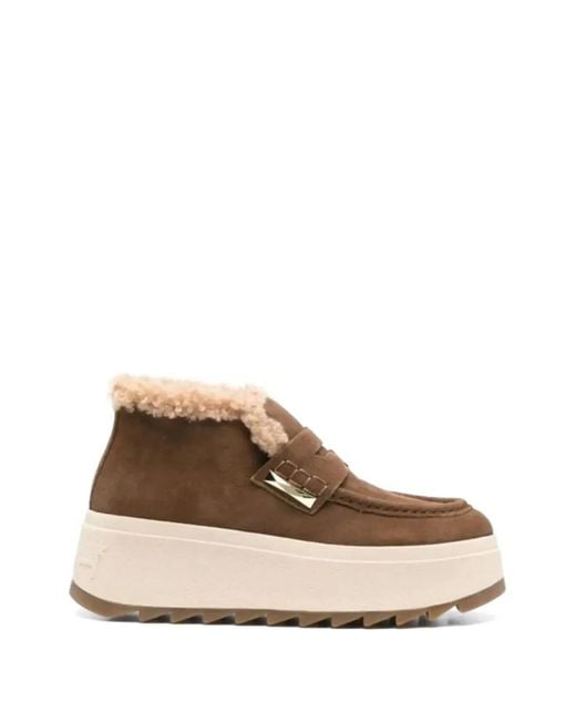 Ash Brown Faux-Fur Platform Trainers
