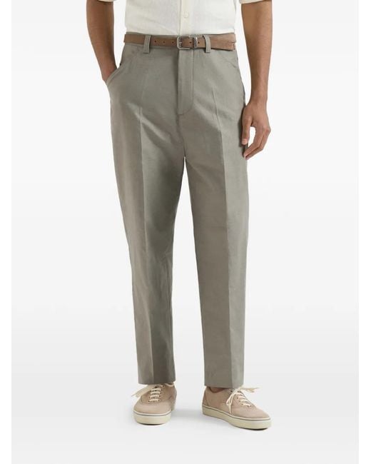 Brunello Cucinelli Gray Pantalon Panama En Coton Et Lin Avec Plis for men
