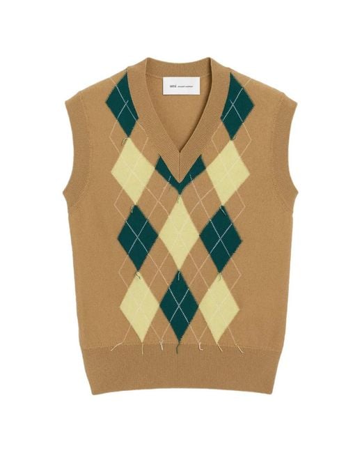 AMI Green Argyle Intarsia Sleeveless Sweater for men