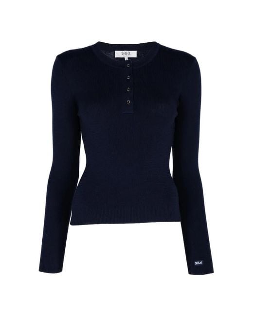 Sea Blue Jane Ribbed-Knit Henley Sweater